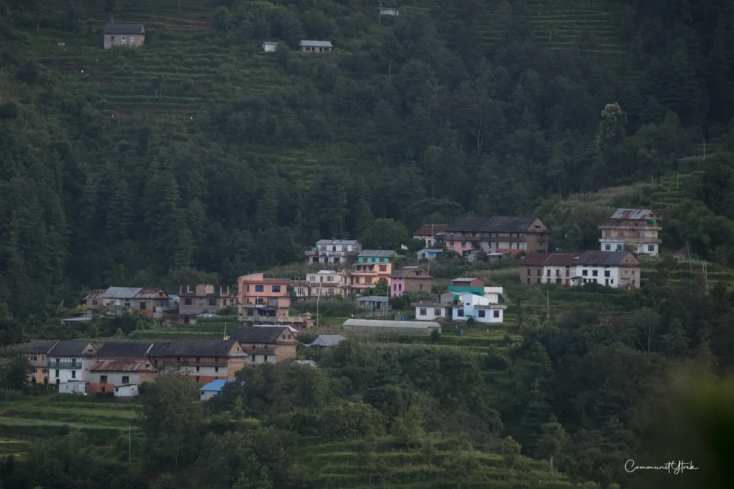Beautiful rural village near Kulekhani and Markhu, surrounded by green hills and terraced farmland.