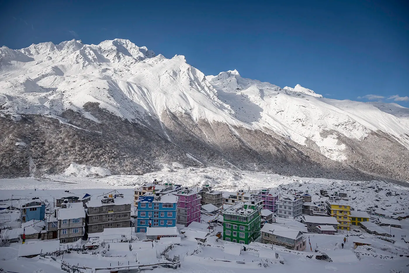 Langtang Valley completely covered in snow, surrounded by snow-capped Himalayan peaks during winter in Nepal.