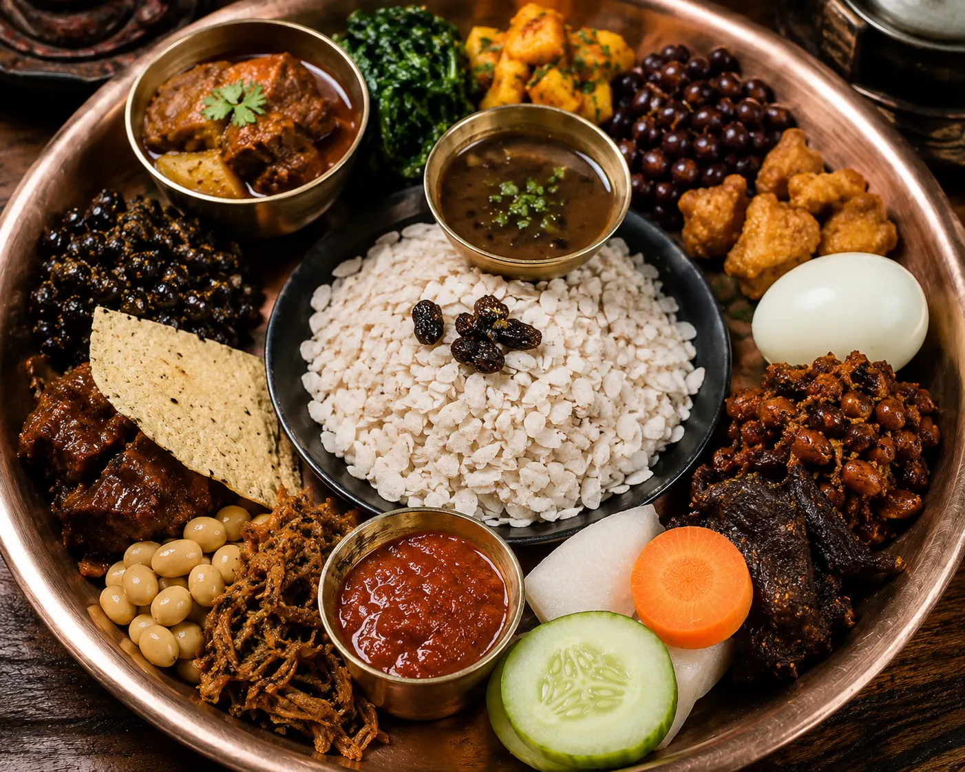 Traditional Newari Samay Baji platter featuring beaten rice, choila, black soybeans, pickles, vegetables, egg, and assorted Newari delicacies served on a traditional plate.