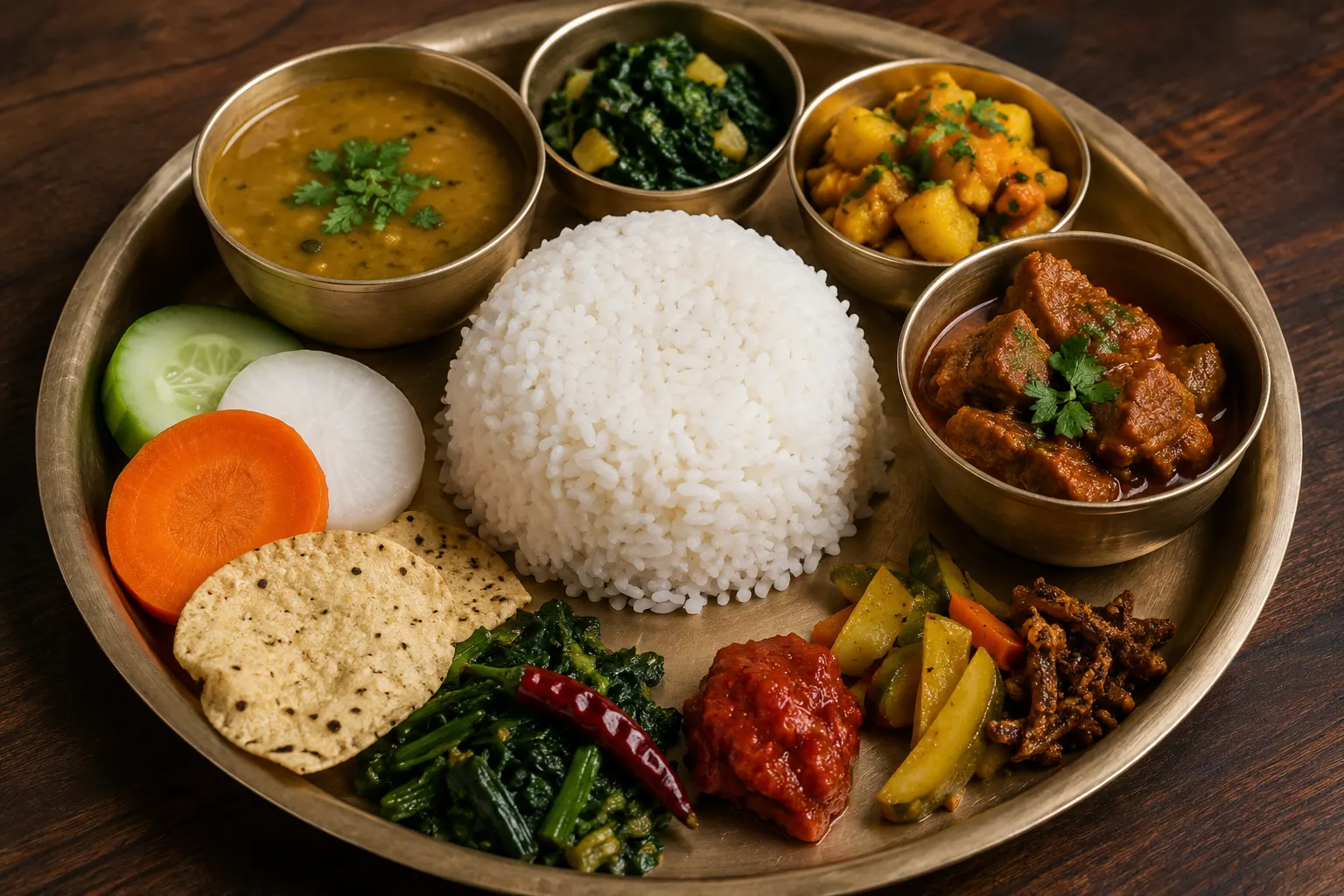 Traditional Nepali dal bhat with steamed rice, lentil soup, vegetable curry, pickles, and local side dishes served on a traditional plate.