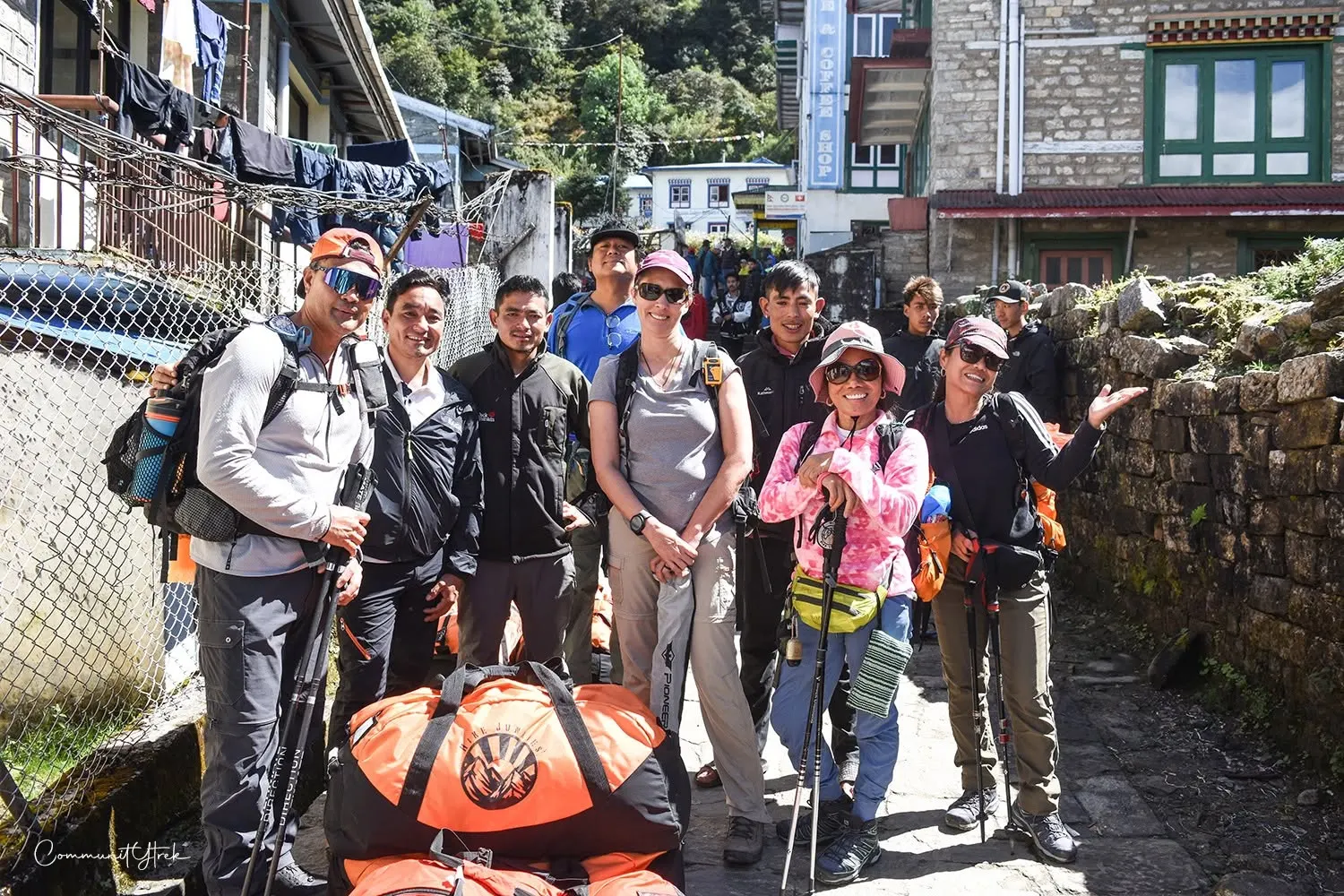 Everest Base Camp trek team with guides and porters in Lukla before starting the trek