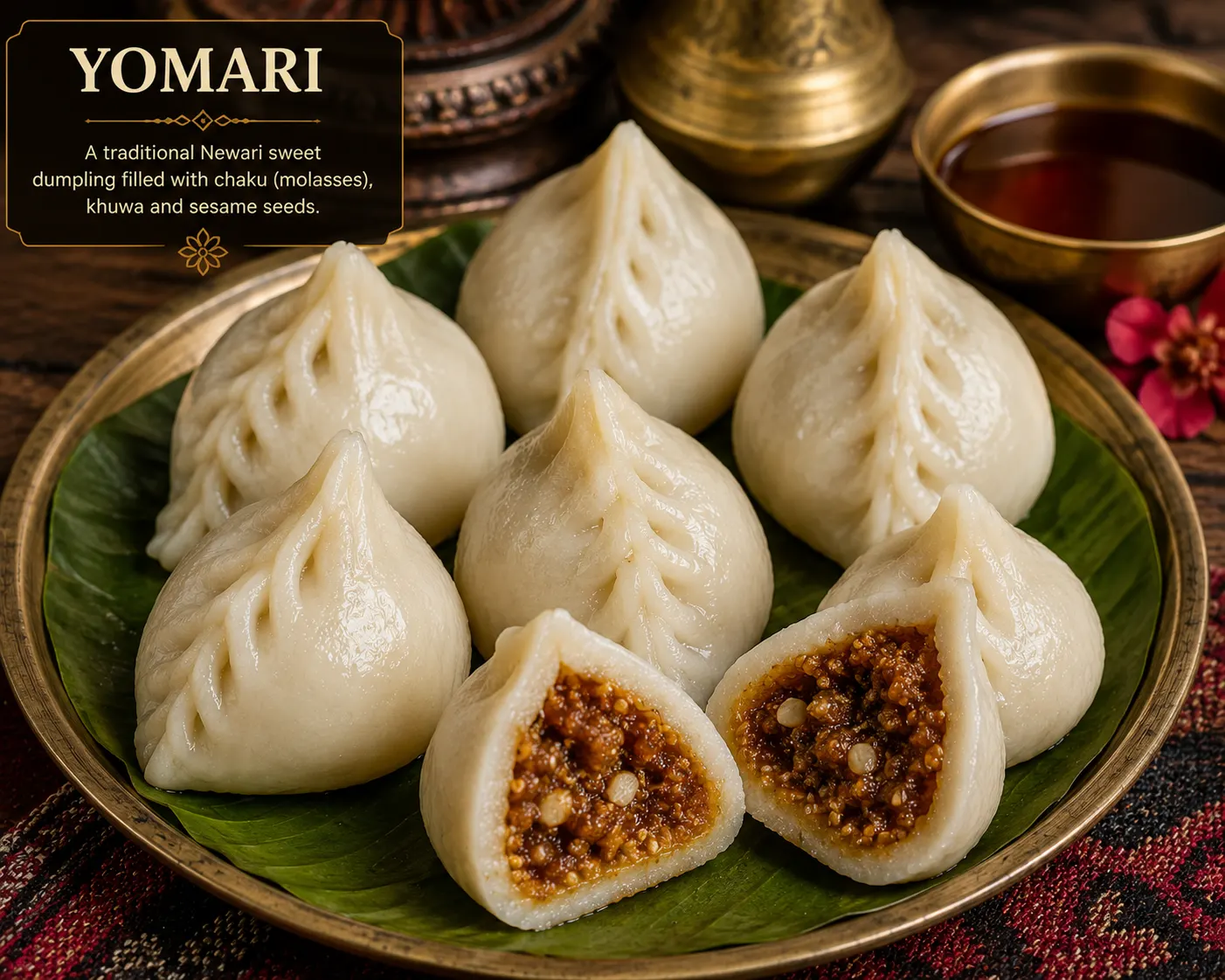 Traditional Newari yomari, a steamed rice-flour dumpling filled with sweet chaku, khuwa, and sesame, served on a traditional plate.