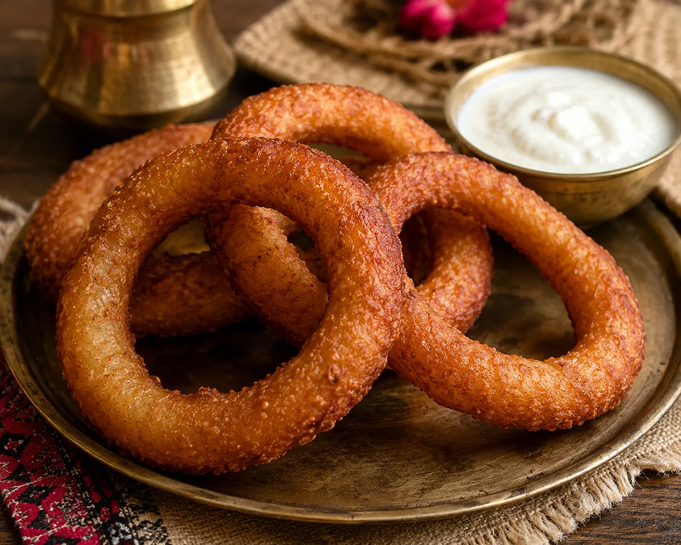 Traditional Nepali sel roti, golden-brown ring-shaped rice bread, freshly prepared and served on a traditional plate.