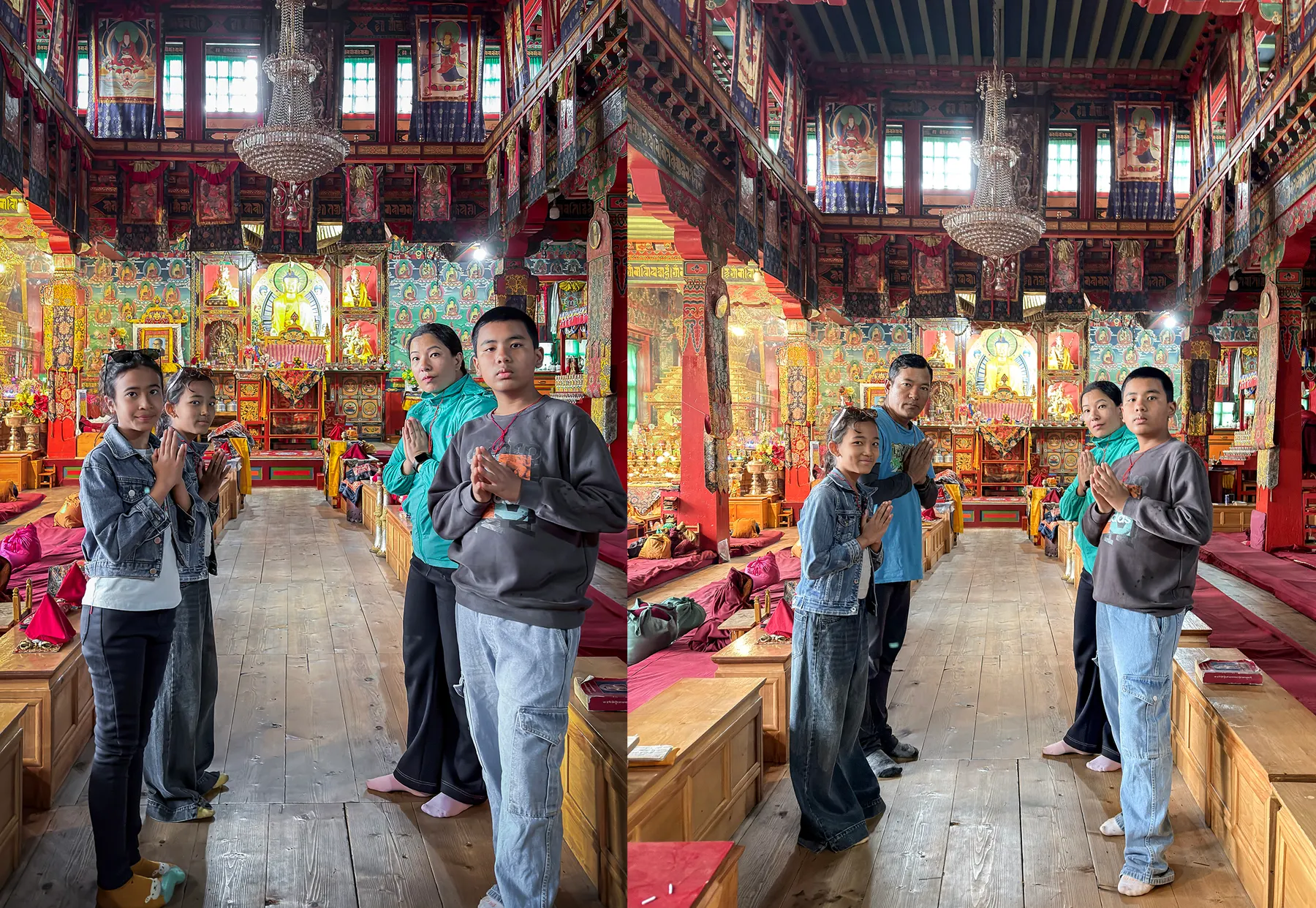 Family experiencing the spiritual atmosphere of Thupten Chholing Monastery.