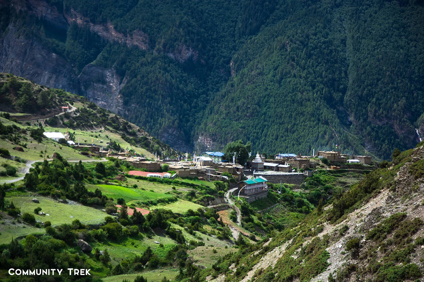 Nawal Village in Manang surrounded by traditional stone houses and dramatic Himalayan mountains